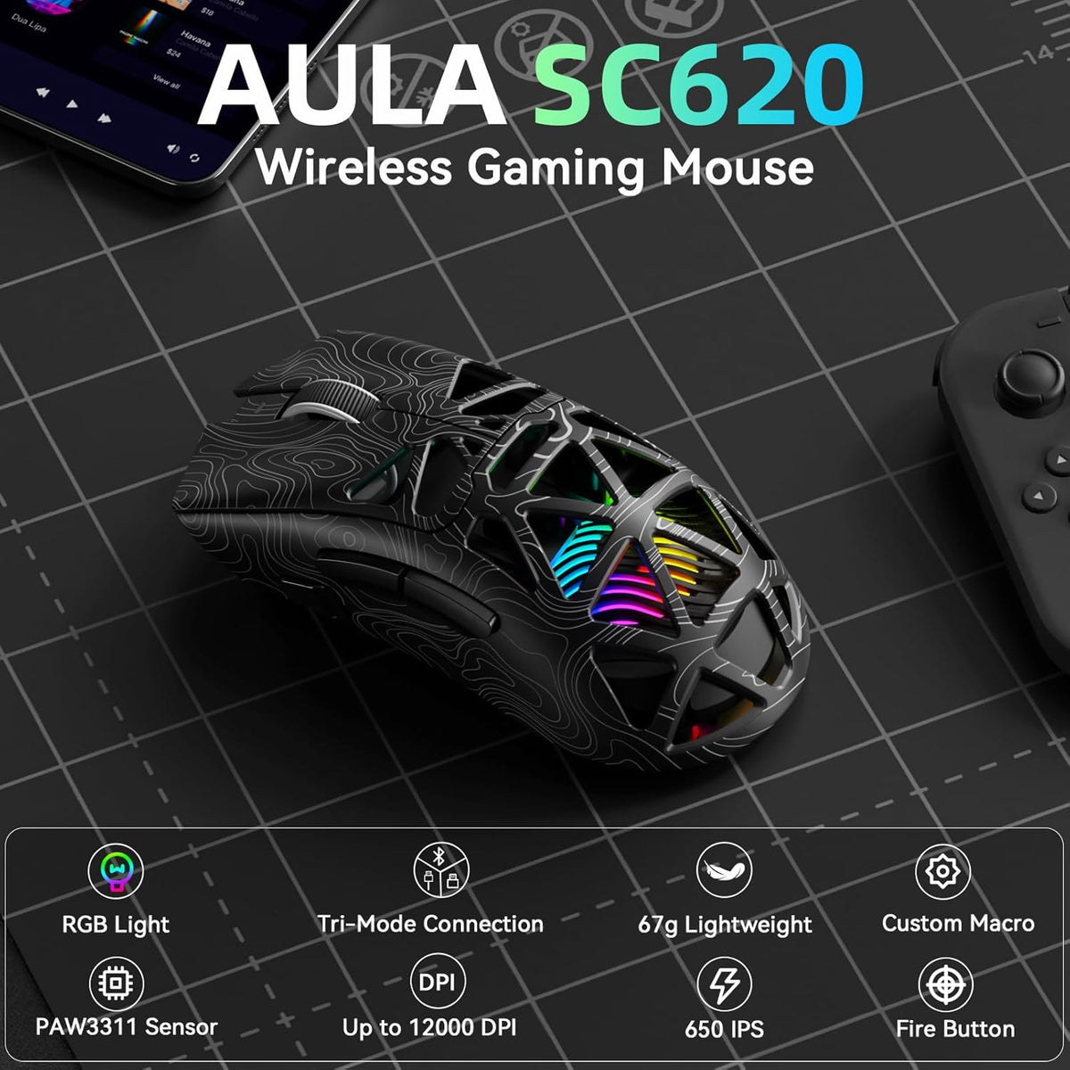 AULA™ SC620 Tri-Mode Lightweight Wireless Gaming Mouse
