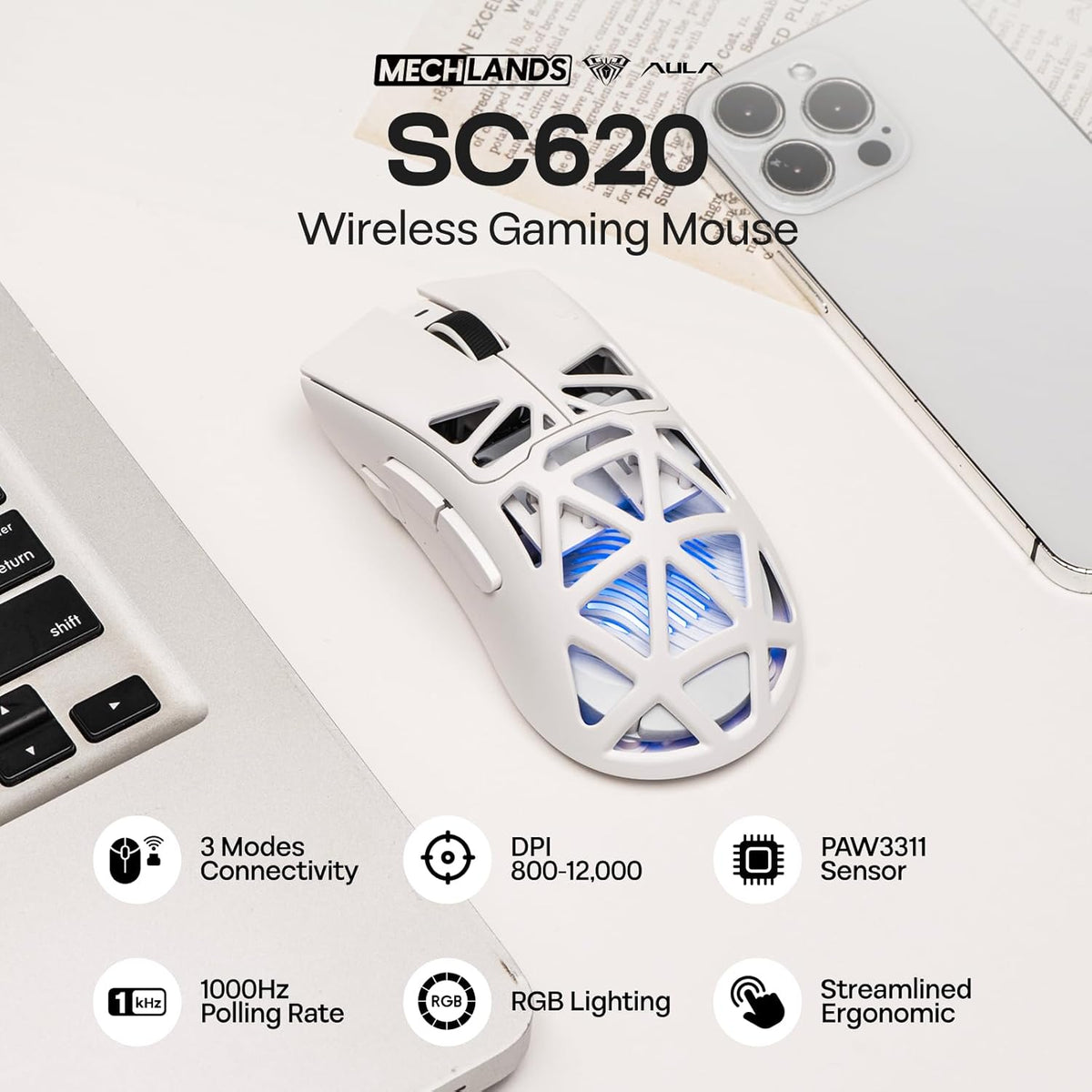 AULA™ SC620 Tri-Mode Lightweight Wireless Gaming Mouse