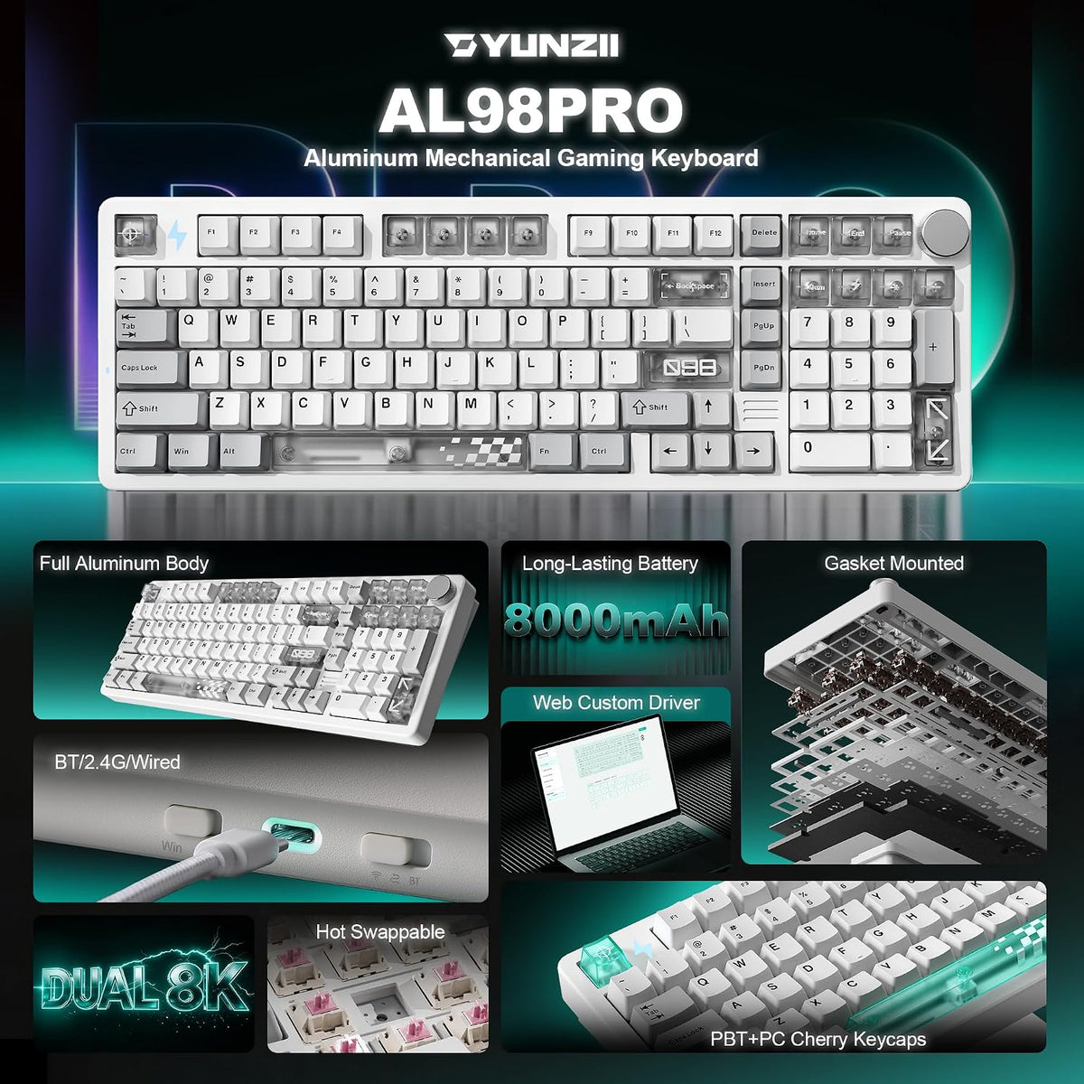 YUNZII™ AL98 PRO Dual-8K Aluminum Wireless Mechanical Keyboard