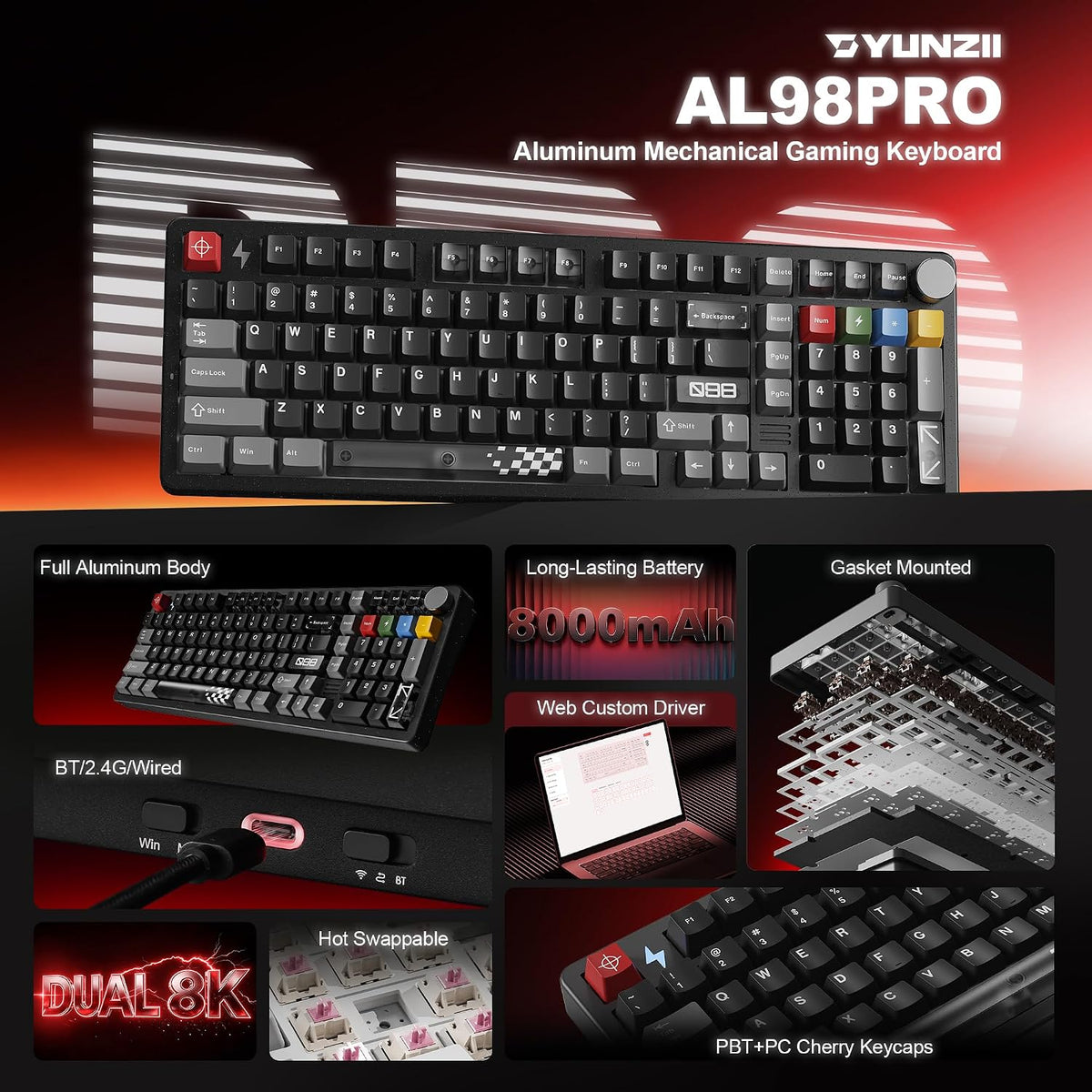 YUNZII™ AL98 PRO Dual-8K Aluminum Wireless Mechanical Keyboard