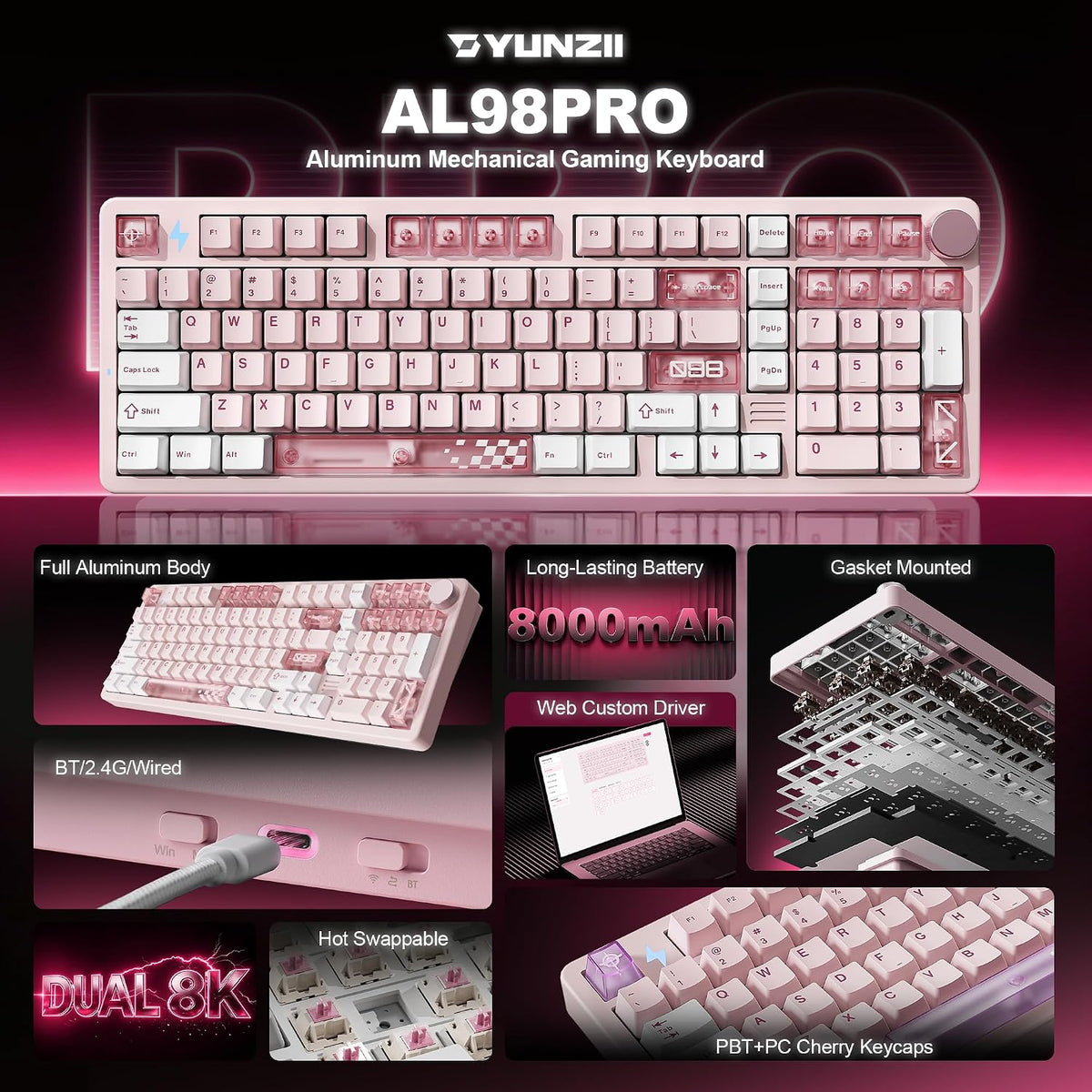YUNZII™ AL98 PRO Dual-8K Aluminum Wireless Mechanical Keyboard