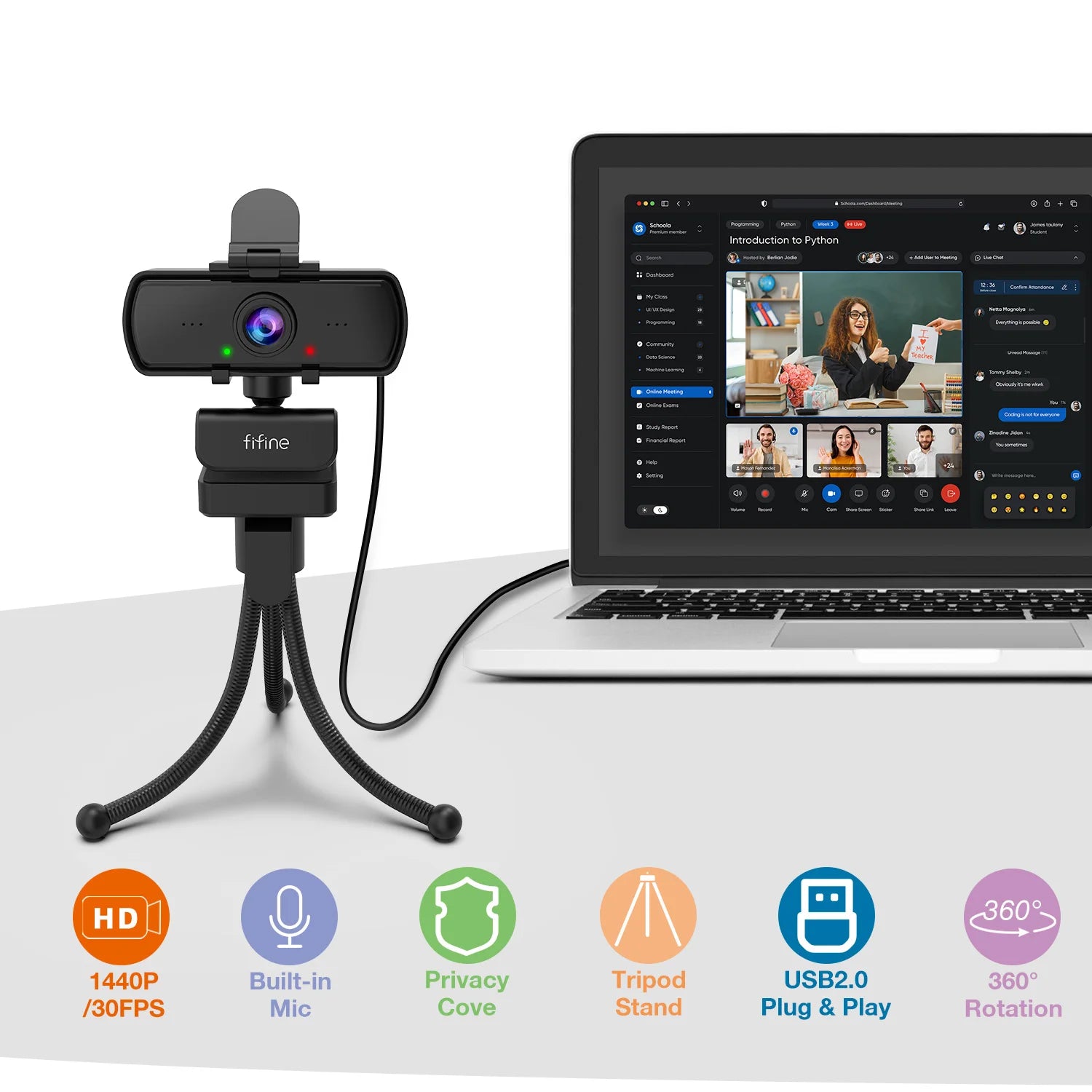 FIFINE™ K420 1440p HD PC Webcam with Microphone & Tripod – USB Plug & Play for Video Calls & Streaming