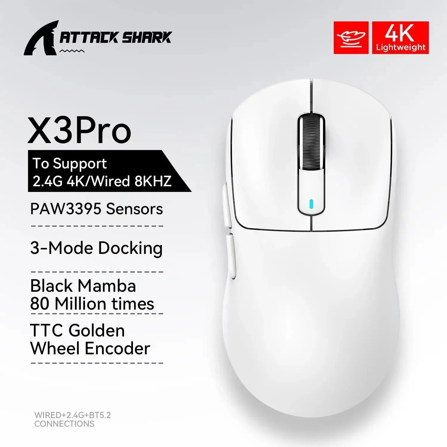 ATTACK SHARK™ X3 Pro Wireless Gaming Mouse – PAW3395 Sensor, 4K Polling Rate